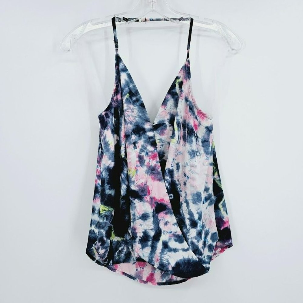 Aqua Halter Top S Pink Blue Yellow Tie Dye Elastic Back Surplice Bubble Hem Boho